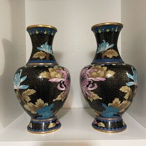 Pair of Vintage Cloisonné Vases 10” Floral Motif